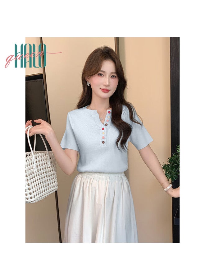 HALOQUEEN Halo Queen Knitted Short-sleeve T-shirt For Women, Summer New Style Comfortable Breathable V-neck Button-up Fashionable Top H52t064 - Image 1