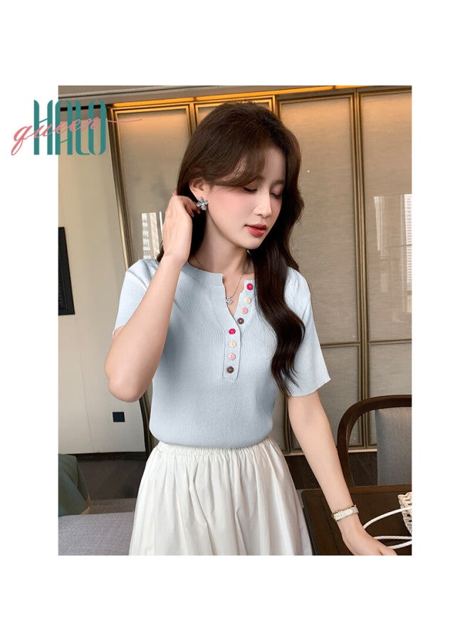 HALOQUEEN Halo Queen Knitted Short-sleeve T-shirt For Women, Summer New Style Comfortable Breathable V-neck Button-up Fashionable Top H52t064 - Image 2
