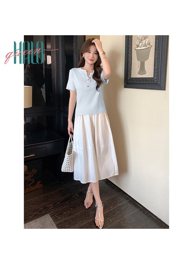HALOQUEEN Halo Queen Knitted Short-sleeve T-shirt For Women, Summer New Style Comfortable Breathable V-neck Button-up Fashionable Top H52t064 - Image 3