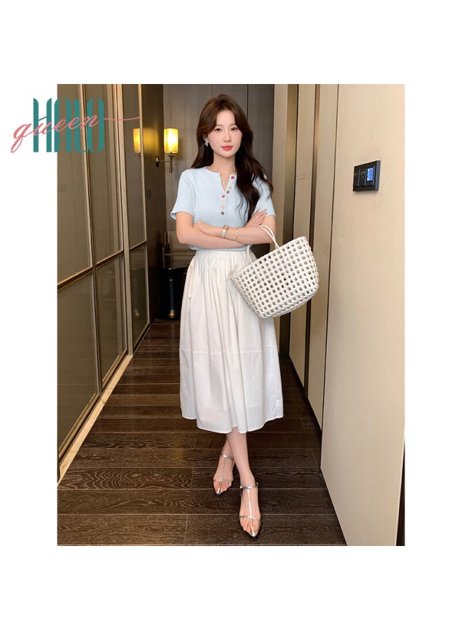 HALOQUEEN Halo Queen Knitted Short-sleeve T-shirt For Women, Summer New Style Comfortable Breathable V-neck Button-up Fashionable Top H52t064 - Image 5
