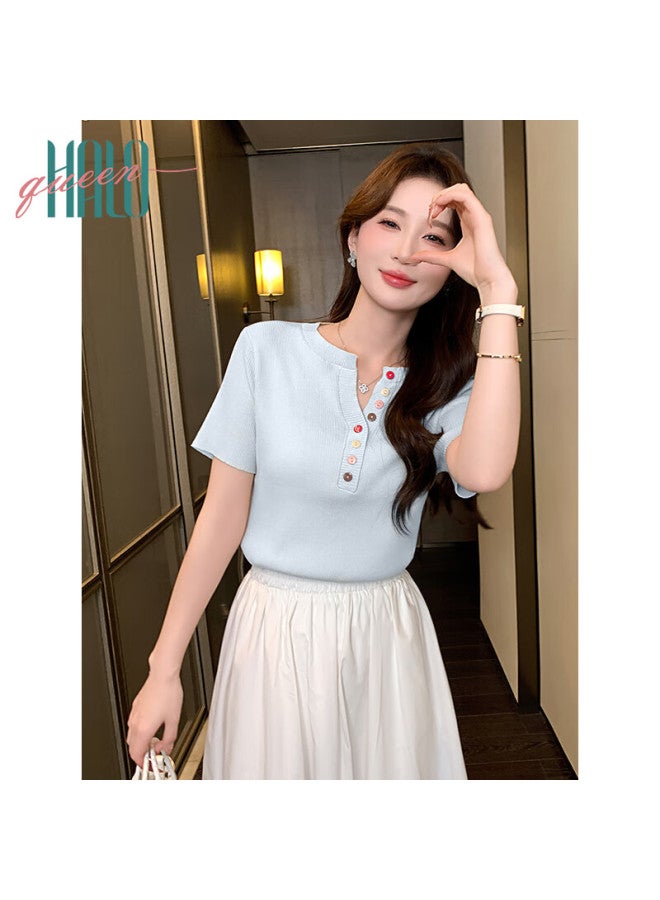 HALOQUEEN Halo Queen Knitted Short-sleeve T-shirt For Women, Summer New Style Comfortable Breathable V-neck Button-up Fashionable Top H52t064 - Image 4