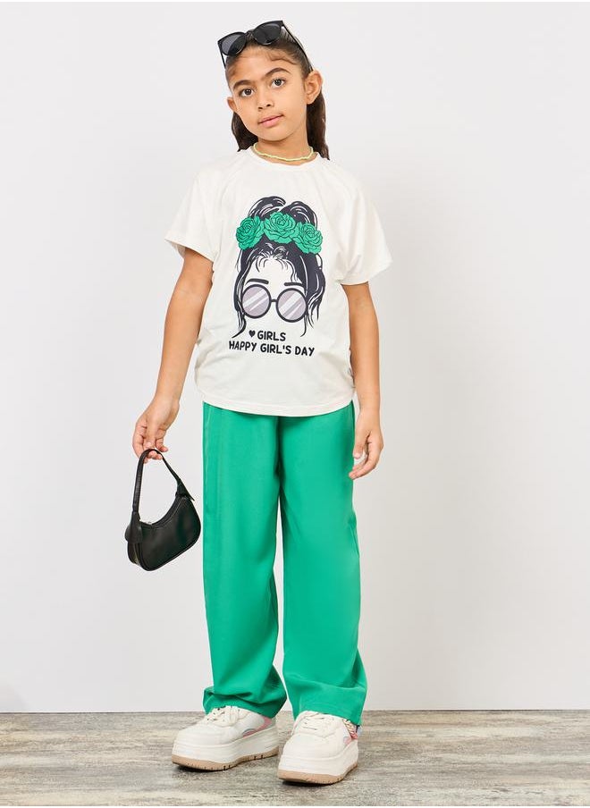 Styli - Happy Girl's Day Slogan Print T-shirt and Wide Leg Pant Set - Image 1
