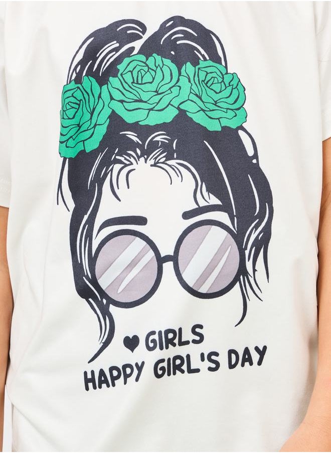Styli - Happy Girl's Day Slogan Print T-shirt and Wide Leg Pant Set - Image 1