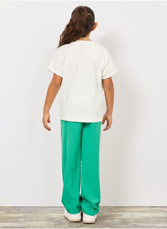 Styli - Happy Girl's Day Slogan Print T-shirt and Wide Leg Pant Set - Image 1