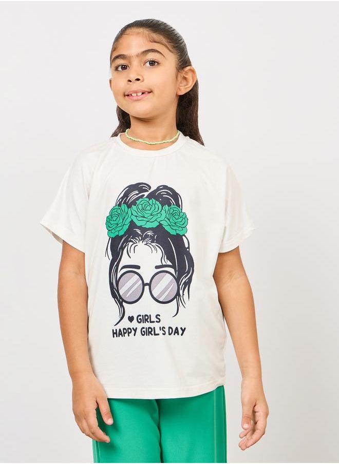 Styli - Happy Girl's Day Slogan Print T-shirt and Wide Leg Pant Set - Image 1
