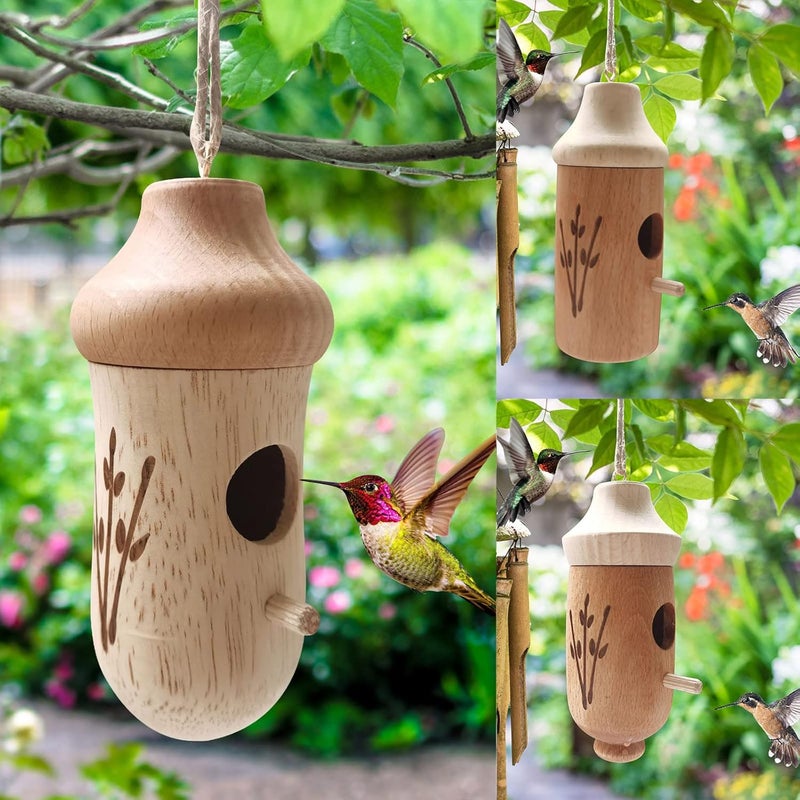 klarako Wooden Hummingbird House, 2022 New Wooden Hummingbird House Outside Hanging, Hummingbird Swing Hummingbird Nest for Wren Swallow Sparrow Hummingbird Finch Houses (B) - Image 4