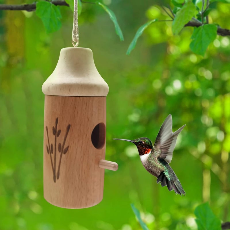 klarako Wooden Hummingbird House, 2022 New Wooden Hummingbird House Outside Hanging, Hummingbird Swing Hummingbird Nest for Wren Swallow Sparrow Hummingbird Finch Houses (B) - Image 1