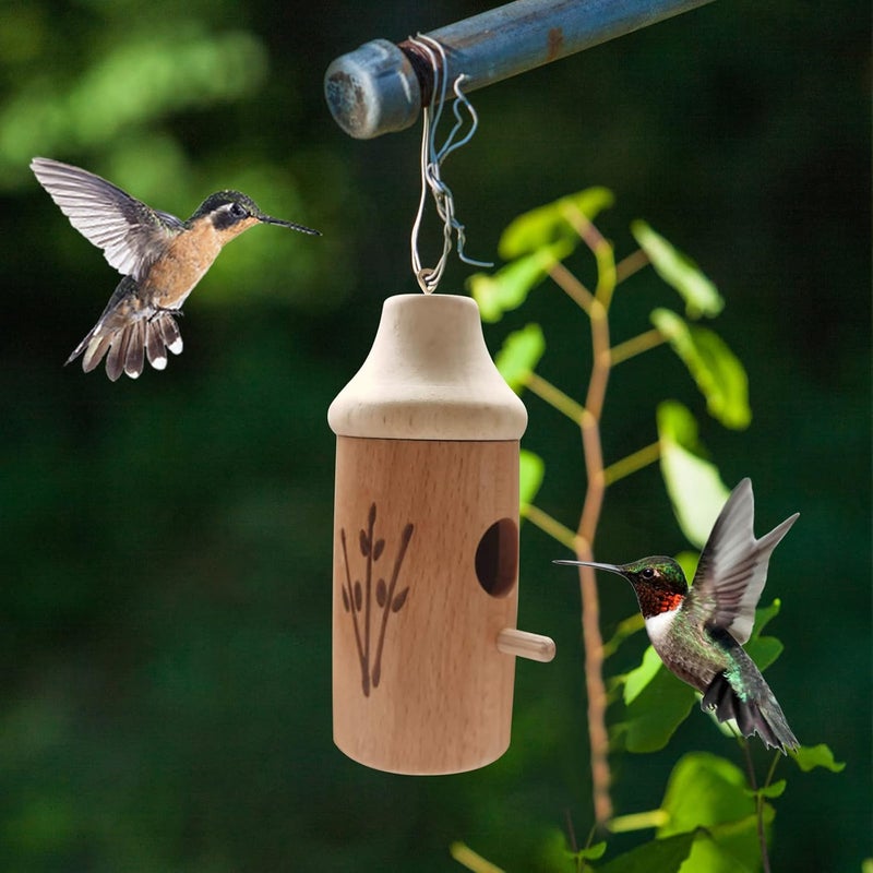 klarako Wooden Hummingbird House, 2022 New Wooden Hummingbird House Outside Hanging, Hummingbird Swing Hummingbird Nest for Wren Swallow Sparrow Hummingbird Finch Houses (B) - Image 2