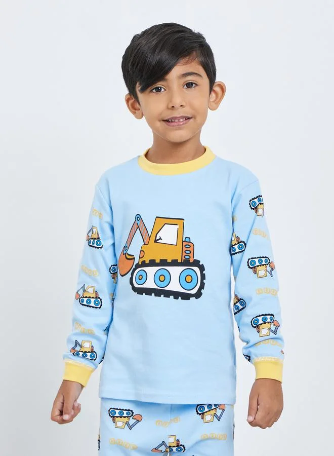 Styli Styli Boys Blue Tractor Print Top and Pyjama Set