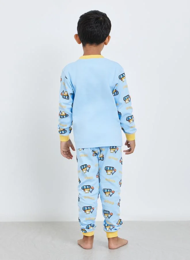 Styli Styli Boys Blue Tractor Print Top and Pyjama Set