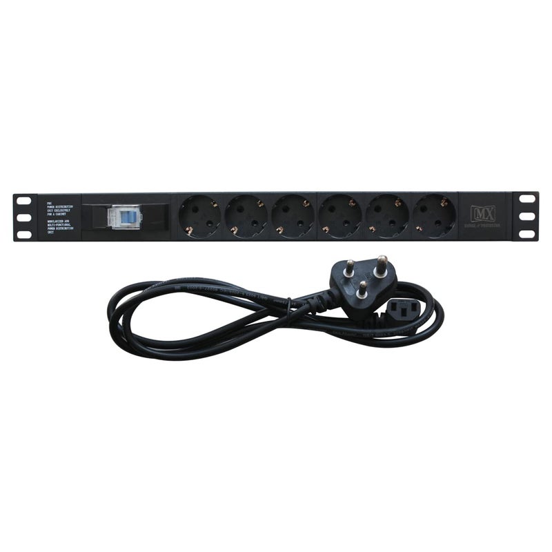 MX 6 Outlets Spike Protector German Schuko Socket of 16 Amp with Single Pole MCB 6000 Amp 50 Hz WallRack Mount