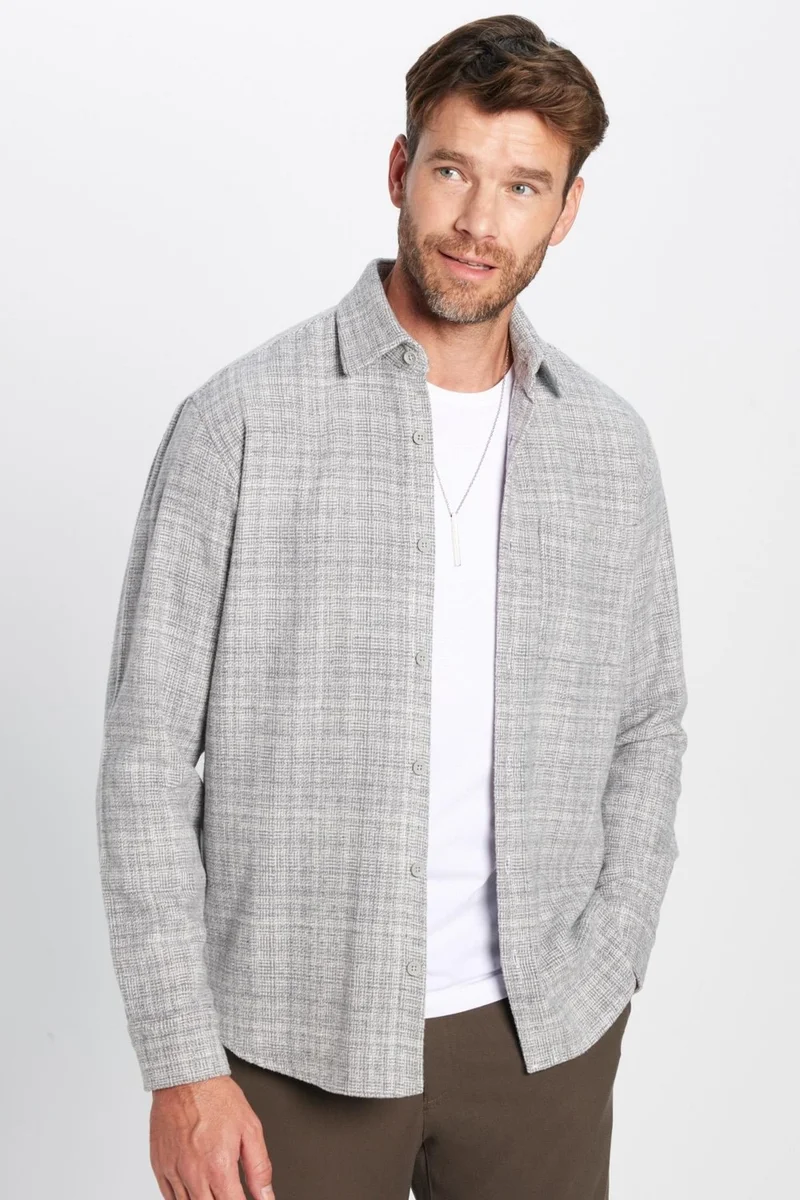 تودورس Men's Classic Fit Regular Cut Lumberjack Single Pocket Dobby Gray Winter Shirt