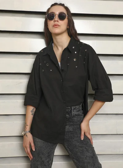 HIGH STAR Women's Black 100% Cotton Solid Pattern Button Down Oversized Shirt