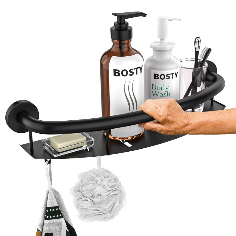 Zepolu Black Shower Grab Bar Shelf 18 Inch Zepolu Stainless Steel Shampoo Shelf Grab Bar Wall Mount Bathroom Shelves Safety Balanced Support Bar Handrail Assist Handle for Elderly Senior Handicap - Image 2