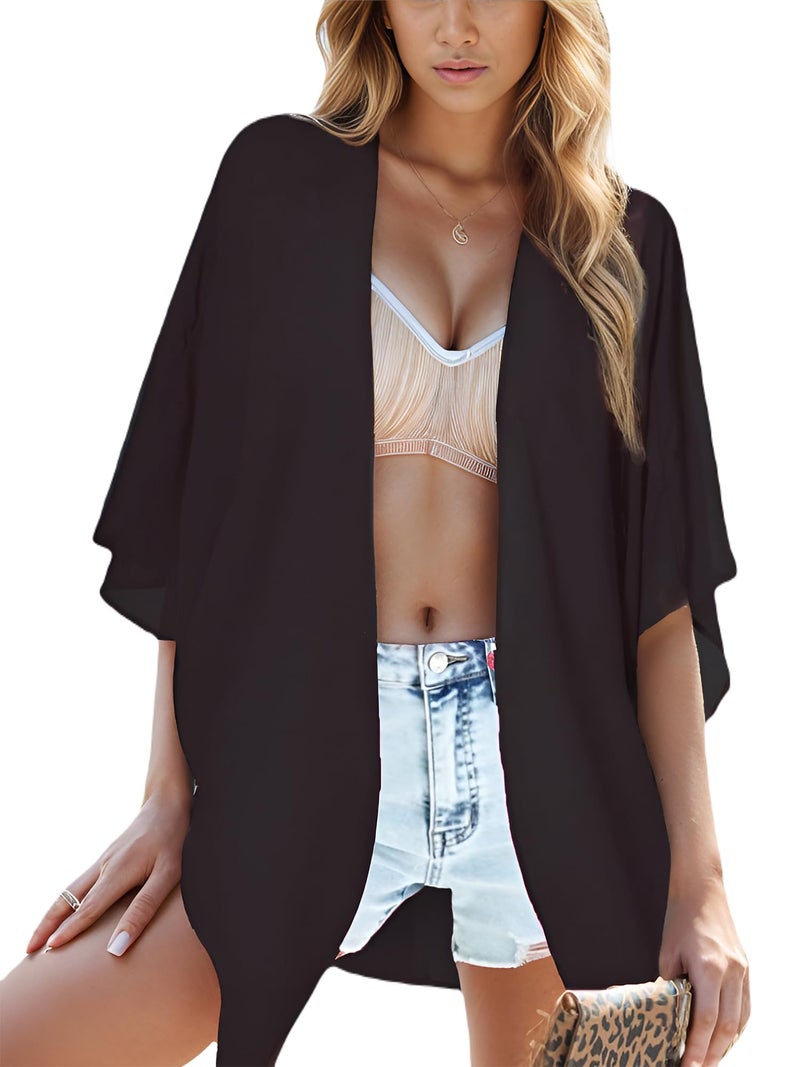 Moss Rose Women's Beach Kimono Coverup Sheer Chiffon Cover Ups, Casual Loose Open Front Cardigan Tops Solid Black - Image 1