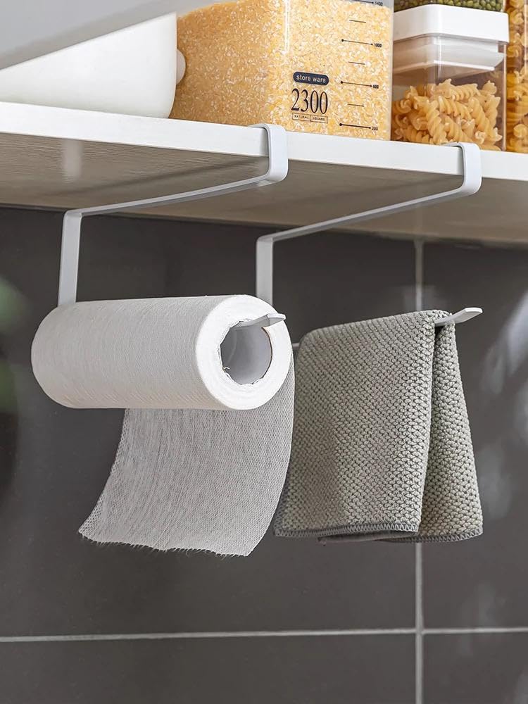 Genaric Kitchen Tissue Holder, Paper Towel Holder, Kitchen Paper Towel Rack, Hanging Holders Cabinet, Iron Storage Rack - 1 Piece (White)