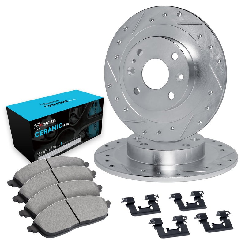 R1 Concepts Rear Brake Kit Fits 19902001 Acura Integra 19881991 Honda Prelude 19901991 Honda CRX 19921997 Honda Civic Ceramic Pads Drilled Slotted Rotors Hardware 94 Rear - Image 2