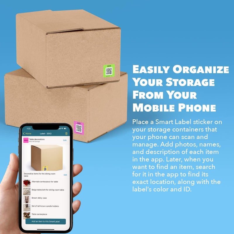 Smart Labels QR Code Stickers Pack of 48 (Neon) Made in USA - QR Code Labels for Storage & Inventory Tracking, Storage Unit Organization, App Stickers for Inventory Organization & Moving Supplies - Image 2