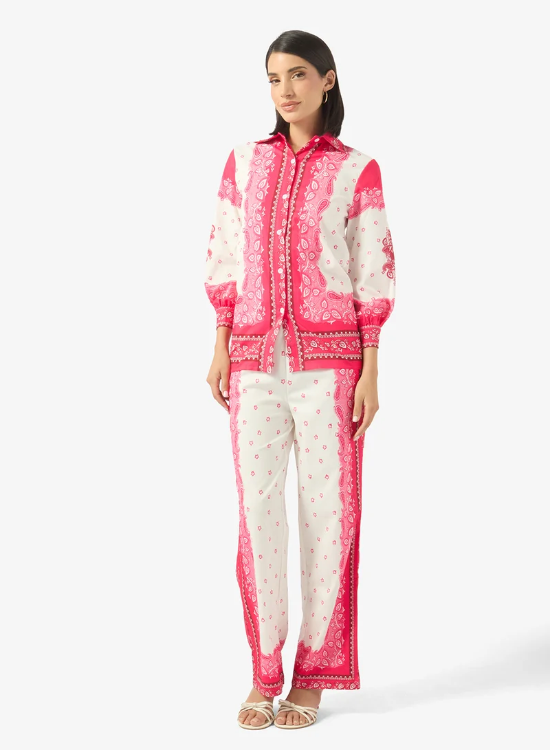 Ginger Paisely Print Button Up Shirt & Wide Leg Pant Coord Set