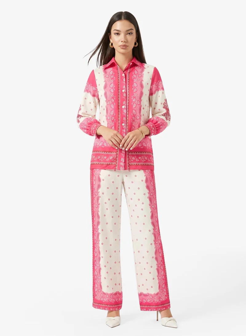 Ginger Paisely Print Button Up Shirt & Wide Leg Pant Coord Set