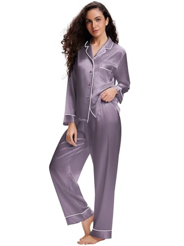 Lonxu Womens Silk Satin Pajamas Set Gray L - Image 1