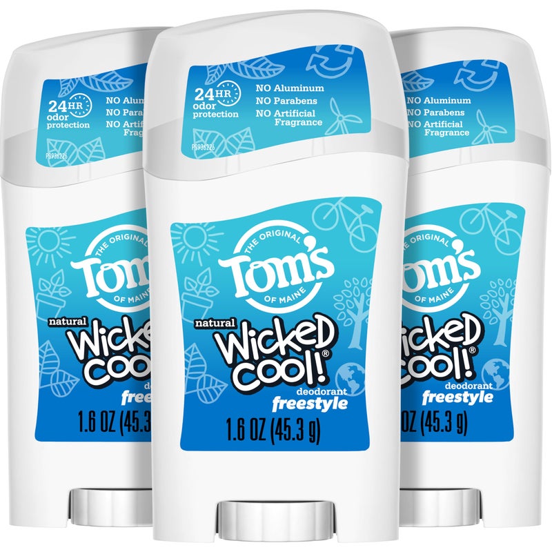 Tom's of Maine مزيل العرق الطبيعي الخالي من الألومنيوم Wicked Cool من Tom's of Maine للأطفال، Freestyle، عبوة من 3 قطع سعة 1.6 أونصة (قد تختلف العبوة) - Image 1