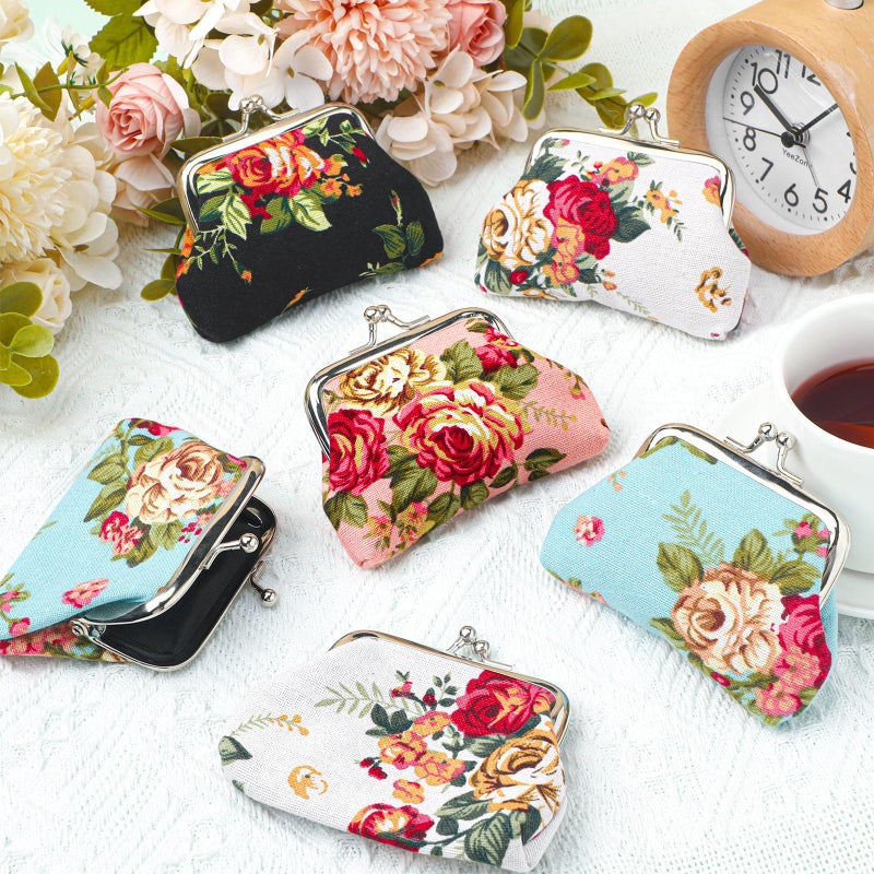 SilTriangle 16 Pcs Vintage Canvas Floral Kiss Lock Coin Purses Bulk Rose Flower Change Wallets for Mother Day Women Gifts(4 x 3 Inch) - Image 5
