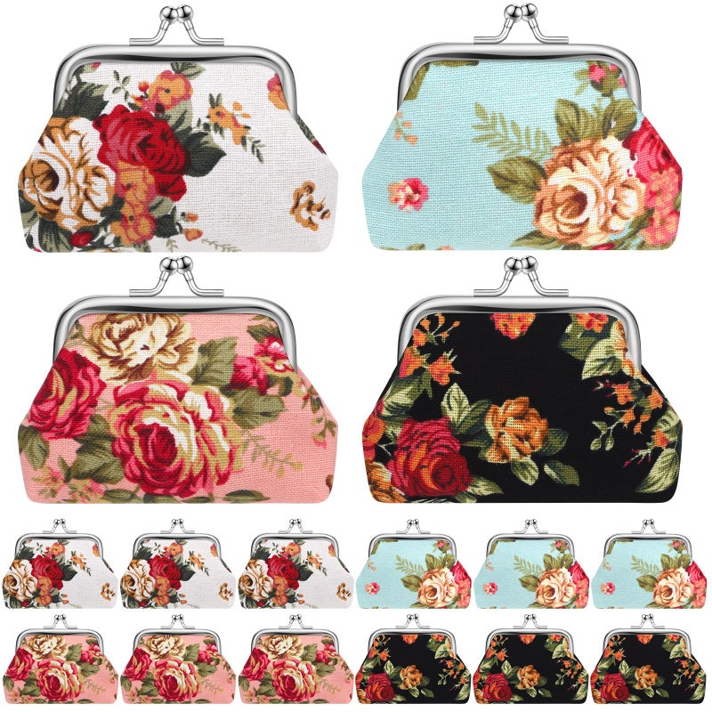SilTriangle 16 Pcs Vintage Canvas Floral Kiss Lock Coin Purses Bulk Rose Flower Change Wallets for Mother Day Women Gifts(4 x 3 Inch) - Image 1