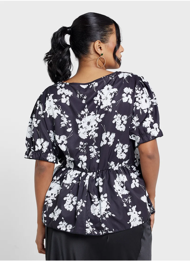 Ginger Plus V Neck Floral Print Blouse