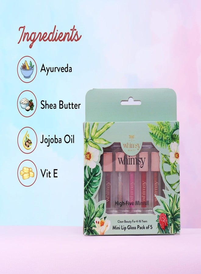 ويمسي مجموعة ملمع الشفاه الصغيرة من ويمسي بيوتي، عبوة من 5 قطع من ملمعات الشفاه المرطبة والممتعة للأطفال والفتيات الصغيرات، مع فيتامين هـ وزبدة الشيا وزيت الجوجوبا - Image 2