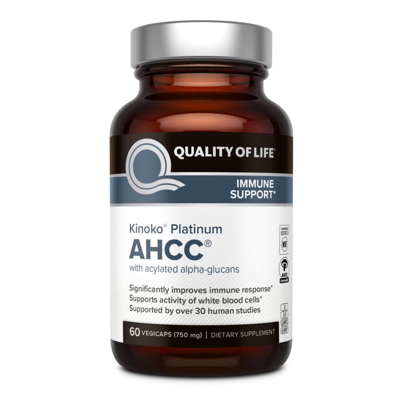 Quality of Life Premium Kinoko Platinum AHCC Herbal Supplement, 750mg per Capsule, for Immune Support, Liver Function, Maintains Natural Killer Cell Activity, Pack of 1, 60 Veggie Capsules - Image 1