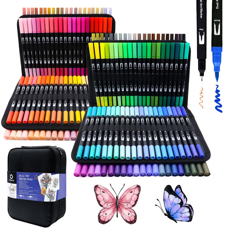 Artecho 168 Colors Markers for Adult Coloring Books, Dual Tip Markers for School, Fine and Brush Tip for Adults Coloring Books, Calligraphy, Drawing, Sketching - Image 1
