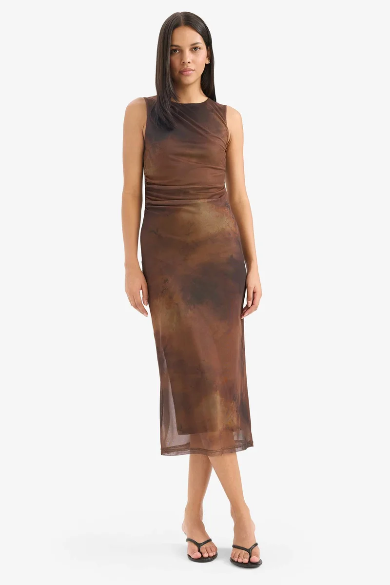 DeFacto Bodycon Crew Neck Animal Print Tulle Sleeveless Midi Dress
