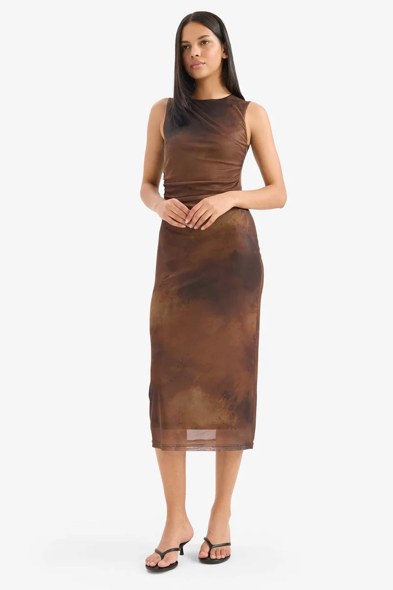 DeFacto Bodycon Crew Neck Animal Print Tulle Sleeveless Midi Dress