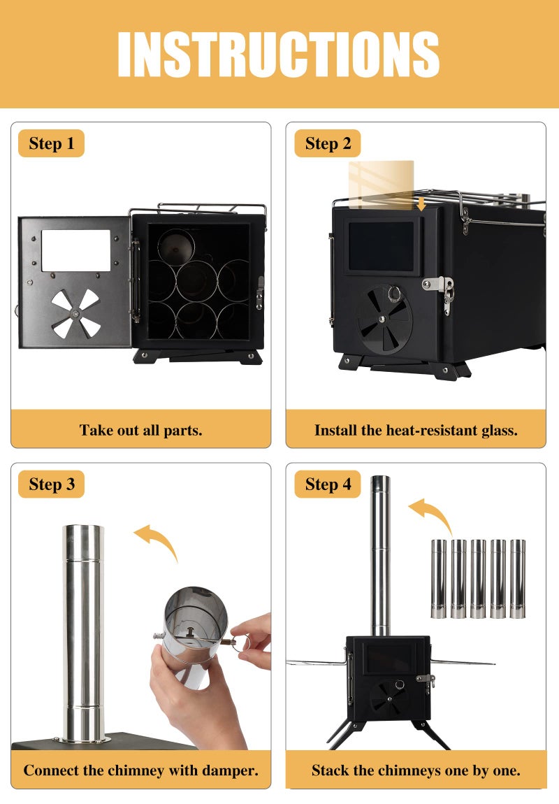 LAMA Camping Stove for Hot Tents, LAMA Carbon Steel Wood Burning Stove with Stainless Wall Chimney Pipes for Tents, Shelter, Outdoor Portable Stove for Camping Heating and Cooking, Black - Image 4