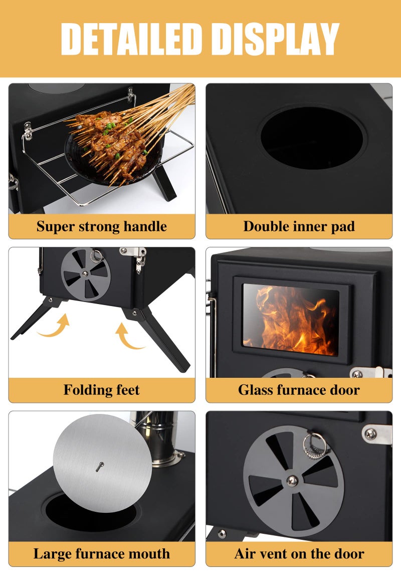 LAMA Camping Stove for Hot Tents, LAMA Carbon Steel Wood Burning Stove with Stainless Wall Chimney Pipes for Tents, Shelter, Outdoor Portable Stove for Camping Heating and Cooking, Black - Image 2