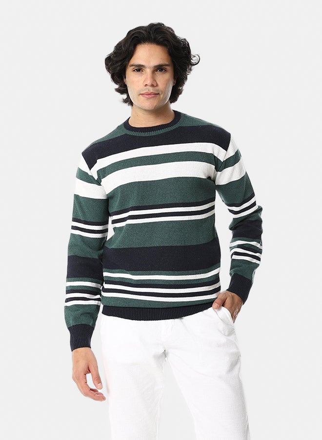 Andora Knitted Long Sleeves Round Collar Strpped Pullover _ Green, Whit & Blue - Image 1