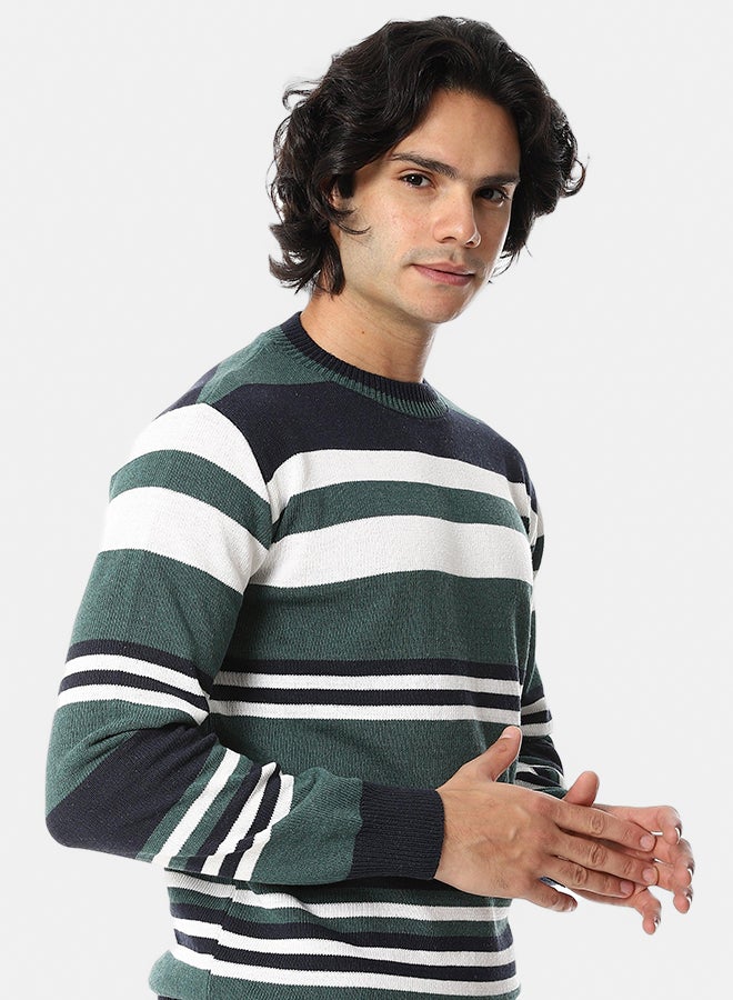 Andora Knitted Long Sleeves Round Collar Strpped Pullover _ Green, Whit & Blue - Image 2