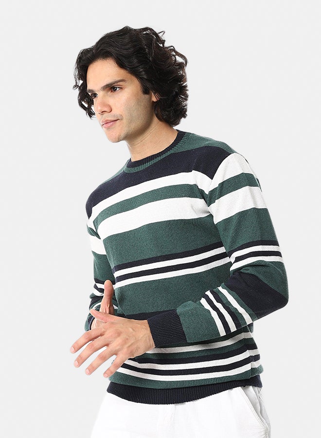 Andora Knitted Long Sleeves Round Collar Strpped Pullover _ Green, Whit & Blue - Image 3