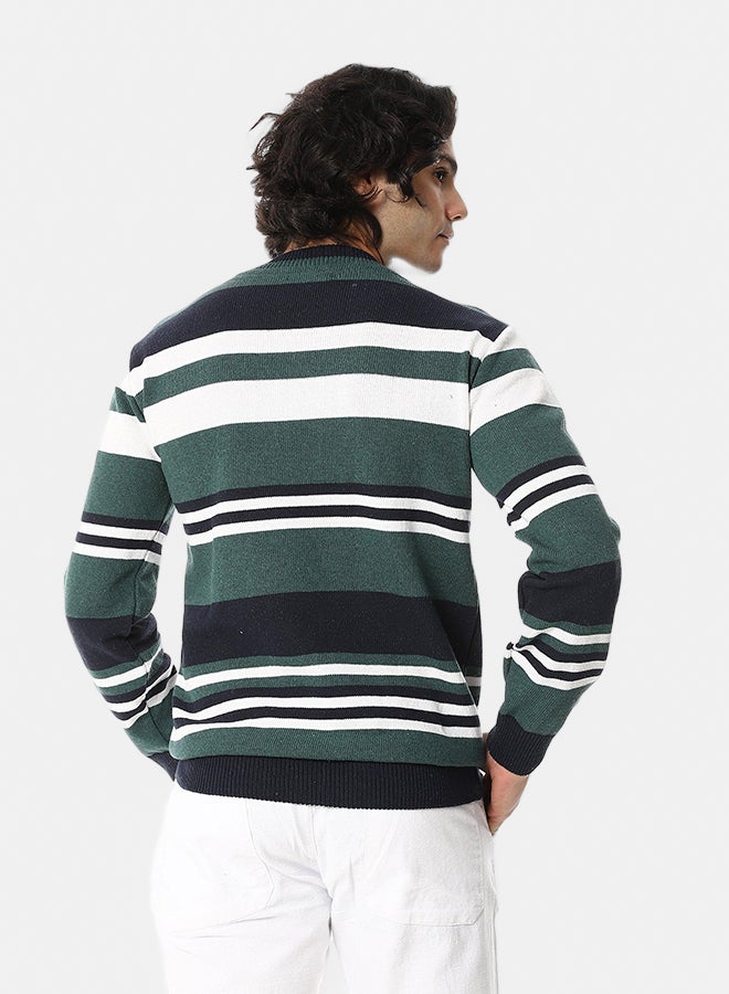 Andora Knitted Long Sleeves Round Collar Strpped Pullover _ Green, Whit & Blue - Image 4