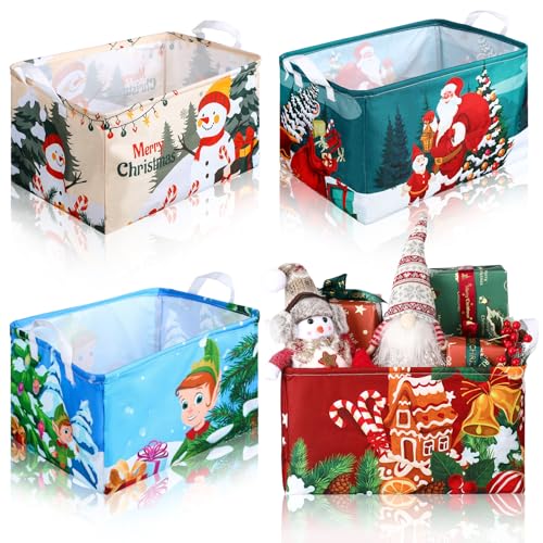 Breling 4 Pcs Christmas Storage Basket Gingerbread Man Santa Claus Snowman Basket with Handles Large Collapsible Storage Bins Boxes for Xmas Gift Laundry Shelves Home Office 15 x 10 x 8 Inch - Image 1