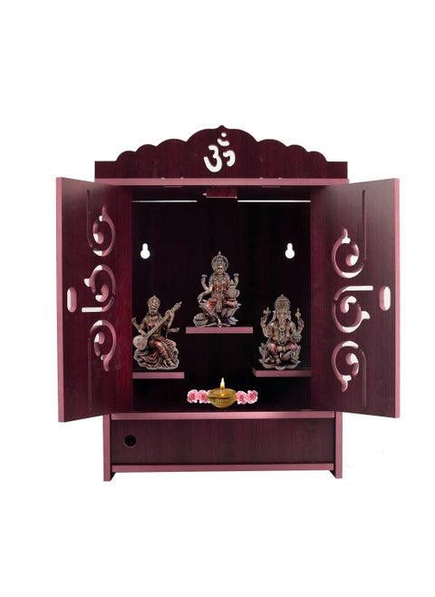 Lakhaji Beautiful MDF Wooden Home Office Temple Pooja Mandir Wall Hanging and Table Top Home Temple with Foldable Design and LED Light 19 x 28 x 43 CM Maroon