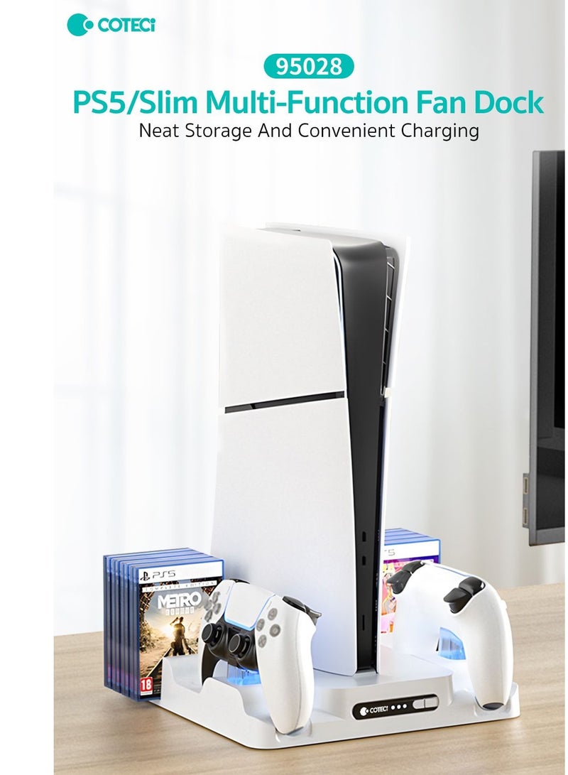 MOXOM Coteci PS5 Stand Multifunctional Fan Dock Cooling Stand with Controller, Charging Station for Sony Play Station 5 Slim Stand, LED Indicator, White - Image 2