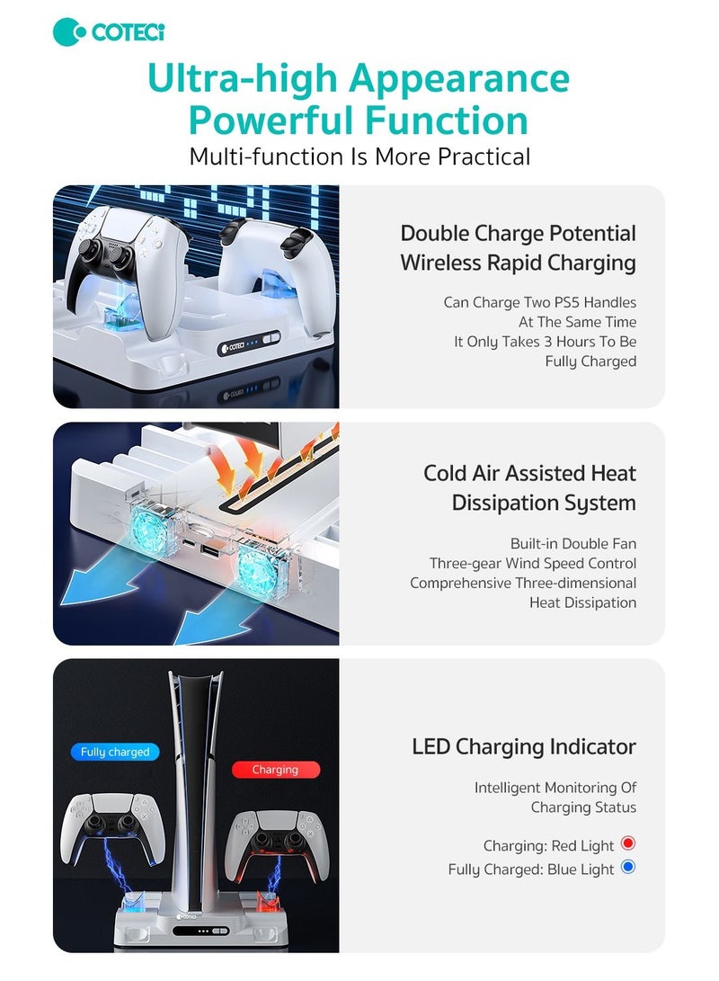 MOXOM Coteci PS5 Stand Multifunctional Fan Dock Cooling Stand with Controller, Charging Station for Sony Play Station 5 Slim Stand, LED Indicator, White - Image 4