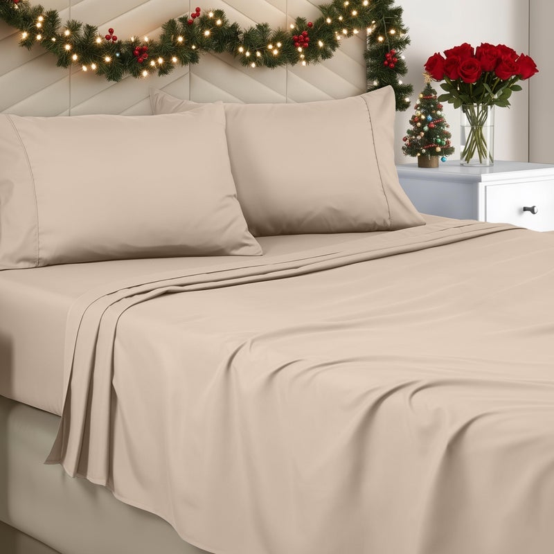 Utopia Bedding Queen Sheet Set - Brushed Microfiber - Soft Bed Sheets for Queen Size Bed Set - Includes 1 Fitted, 1 Flat, & 2 Pillow Cases - Deep Pocket (Beige) - Image 1