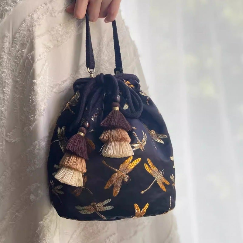 Embroidered Fabric Bag Tassel Crossbody Shoulder Bag New Chinese Style Dragonfly Bucket Bag Ethnic Style Artistic Drawstring Hanfu Bag - Image 2