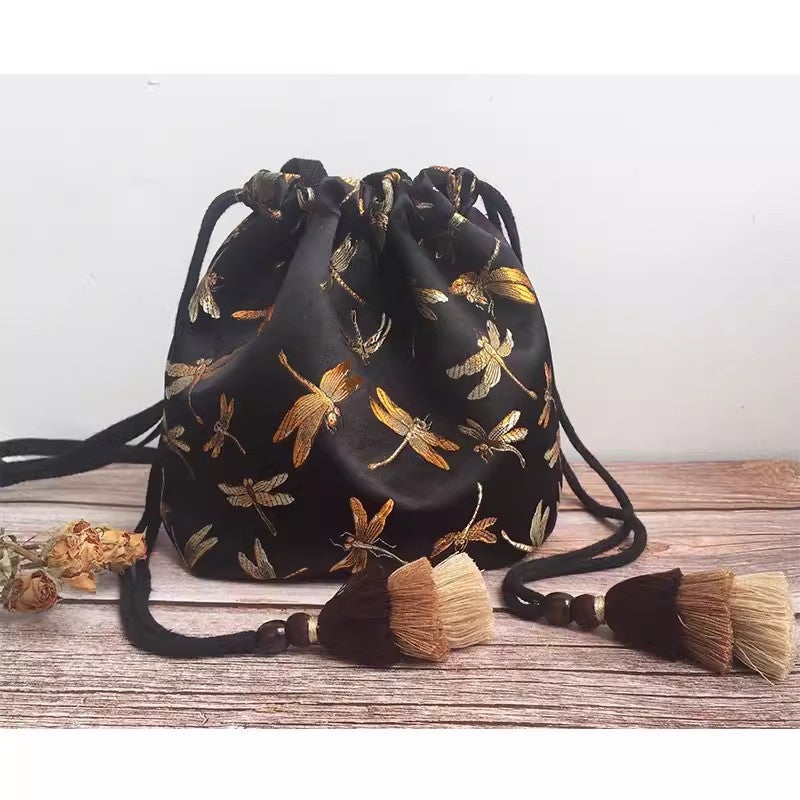 Embroidered Fabric Bag Tassel Crossbody Shoulder Bag New Chinese Style Dragonfly Bucket Bag Ethnic Style Artistic Drawstring Hanfu Bag - Image 5