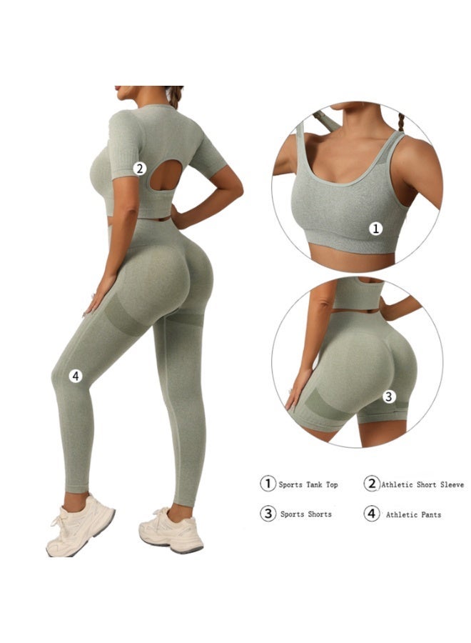 4 Piece Workout Sets for Women Butt Lifting Leggings with High Impact Sports Bra Gym Shorts  Sports Short Sleeve - Image 1