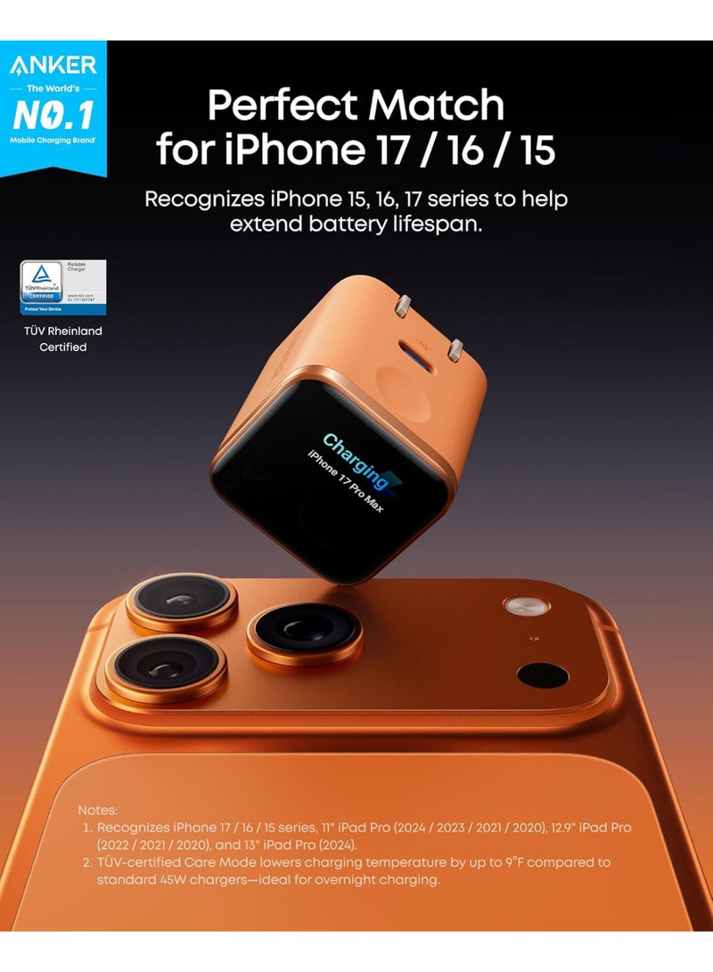 أنكر Anker Smart Display Charger,Anker Nano 45W Max GaN Fast Charging USB C Charger Block,180° Foldable Plug,Smart Recognition,Built-in Care Mode,for iPhone17/16/15(Non-Battery,One USB-C Port,No Cable)(Chinese version) Orange orange - Image 5