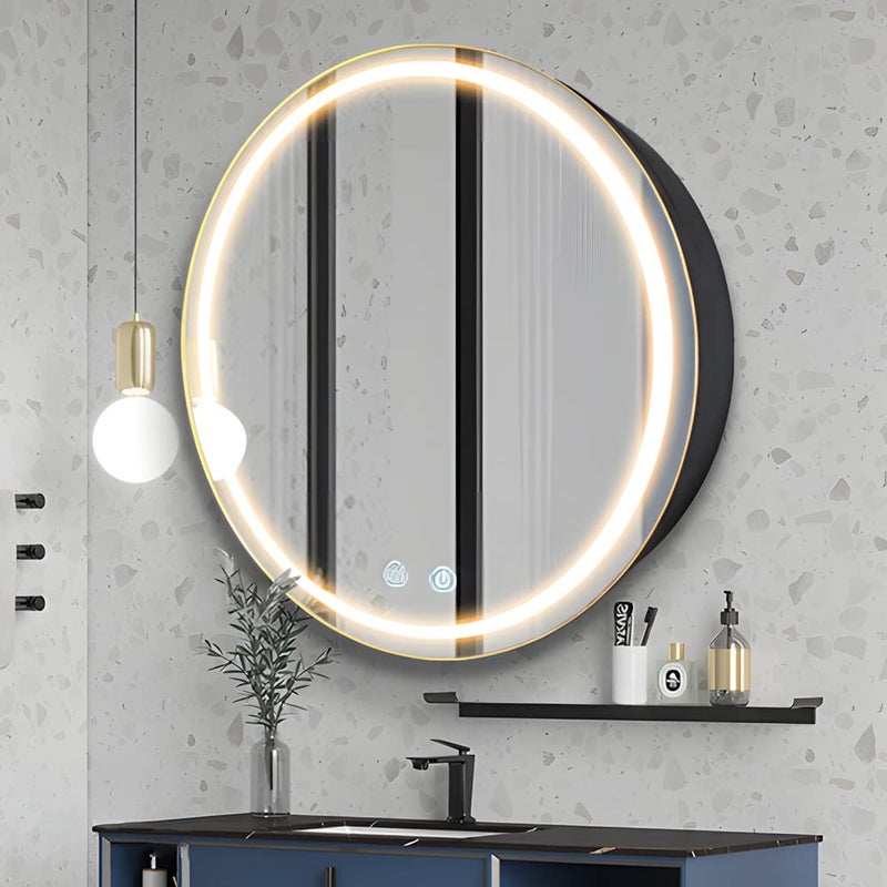 Janboe Janboe 30 inch Round Medicine Cabinet with LightsLed Medicine Cabinet with DefoggerIlluminated Mirror Cabinet for BathroomDimmableDefogger3 Color Temperature 3000k6500k Black 
